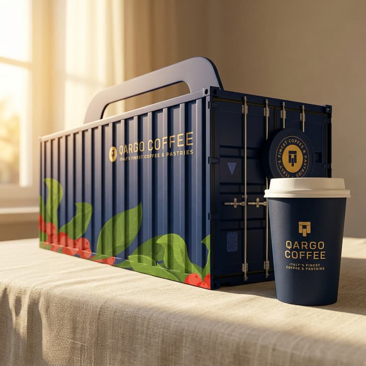 Qargo Coffee Traveler, a navy case with the Qargo mark in gold