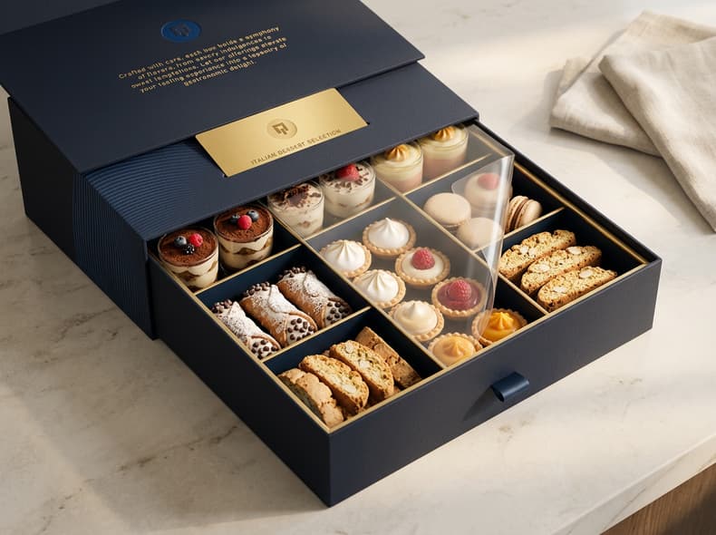 Italian dessert selection boxed in compartments